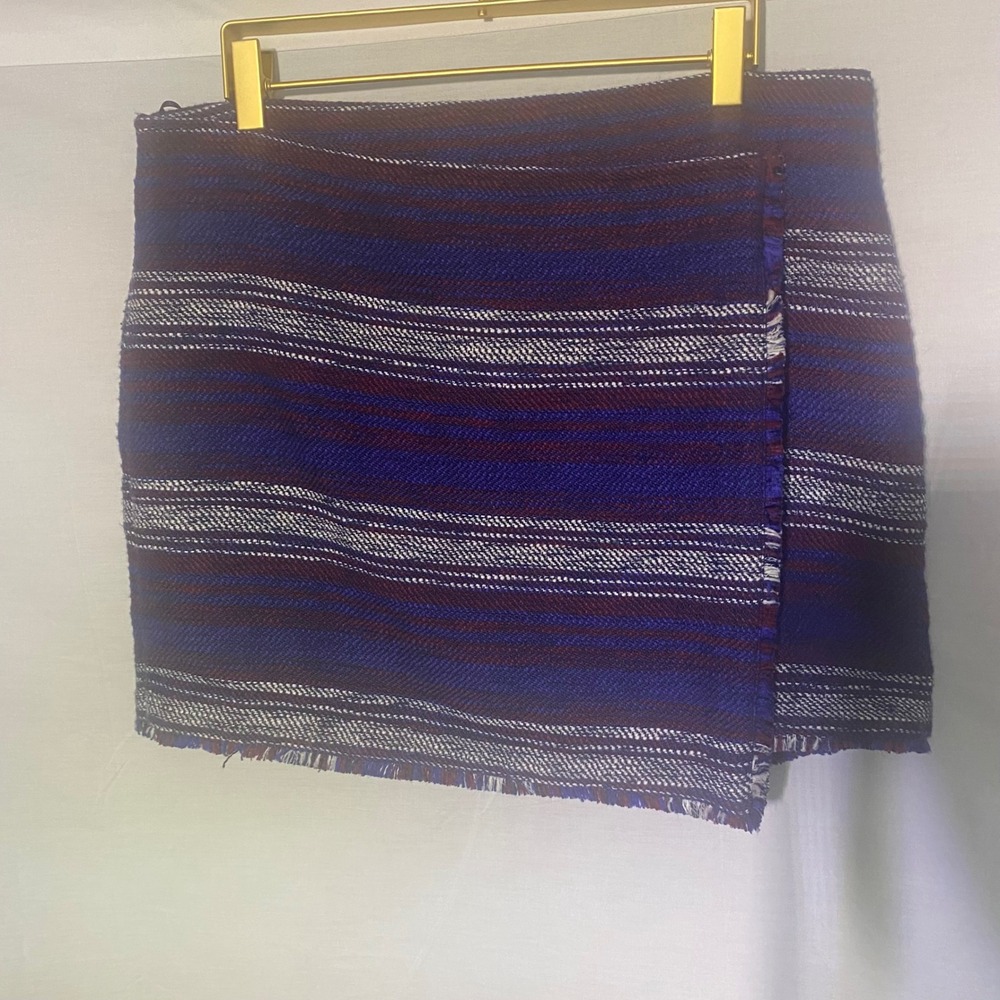Joie Striped Textured‎ Wrap Mini Skirt Size 8 Frayed Hem Blue Burgundy
